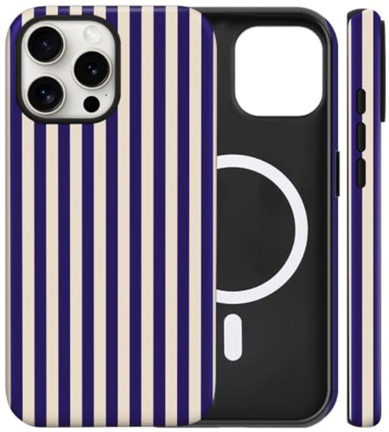 flewfun Capa magnética para iPhone 14 Pro com listras fofas, TPU fino à prova de choque e capa protetora de policarbonato rígido compatível com MagSafe projetada para mulheres e meninas, roxo escuro