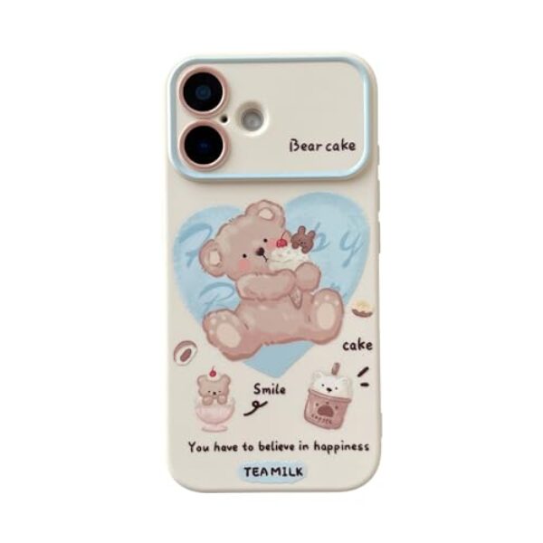 FLIRACON Capa protetora de lente de câmera grande com desenho animado de urso bolo sorvete compatível com capa de iPhone (branca, para iPhone 17)