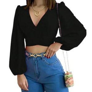 Floerns Blusa feminina com manga lanterna, laço nas costas, gola V, Preto, G