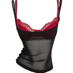 Floerns Blusa feminina de malha transparente com alças finas Y2k com sutiã de renda, Preto, G
