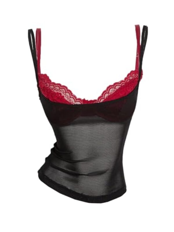 Floerns Blusa feminina de malha transparente com alças finas Y2k com sutiã de renda, Preto, G