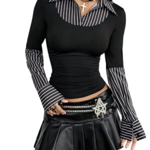 Floerns Blusa feminina listrada 2 em 1 de manga comprida com botões para sair de outono, Preto e branco, M