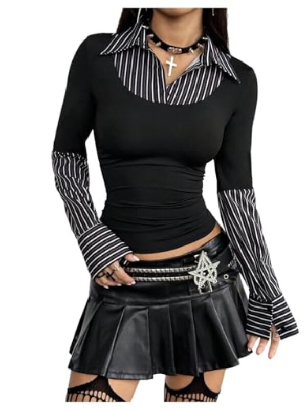 Floerns Blusa feminina listrada 2 em 1 de manga comprida com botões para sair de outono, Preto e branco, M