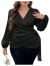 Floerns Blusas femininas plus size de cetim assimétrico franzido gola V manga longa, Preto, XGG
