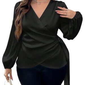 Floerns Blusas femininas plus size de cetim assimétrico franzido gola V manga longa, Preto, XGG