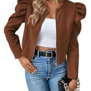Floerns Jaqueta feminina elegante de manga bufante com zíper e gola redonda, Marrom, G