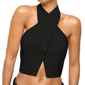 Floerns Regata feminina elegante sem mangas, frente única, cruzada, à noite, cropped, Preto, M