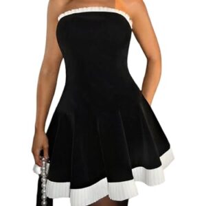 Floerns Vestido feminino de gola redonda contrastante plissado em camadas para festa, Tinta preta., M