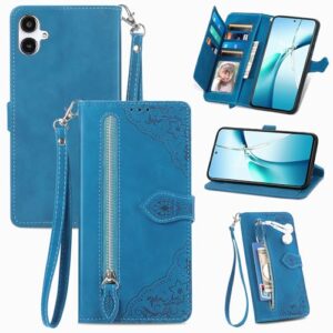 Fofvccv Capa carteira com zíper para Samsung Galaxy A07 com 7 compartimentos para cartões, capa feminina retrô em relevo de couro PU com suporte e alça de pulso para Galaxy A07 SZY azul