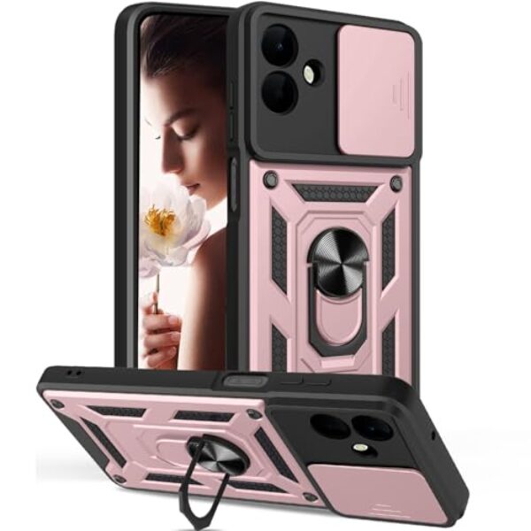 Fofvccv Capa para Samsung Galaxy A07 com capa de lente de câmera deslizante e suporte de anel girado, capa protetora à prova de choque de grau militar para Galaxy A07 SJ ouro rosa