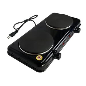 Fogareiro Elétrico Portátil, 2 Bocas, 1000W, Plástico Preto, Resistência Espiral, para Camping, Controle Giratório, 220V, 25x20x12cm