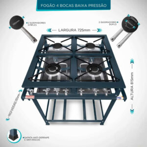 Fogão 4 Bocas Industrial Baixa Pressão Perfil 5 Com Grade 30 Cm Baixo Consumo De Gás Da MR Fogões