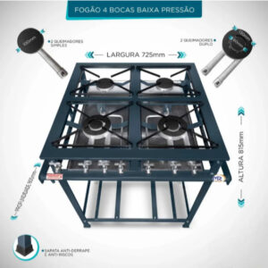Fogão 4 Bocas Industrial Baixa Pressão Perfil 5 Grelha 30 Cm Baixo Consumo De Gás MR Fogões