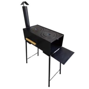 Fogão a Lenha Artesanal, Preto, 2 Bocas com Tampa, Base em Metal, 57cm Altura, Placa Superior 48x24cm, para Cozinha e Aquecimento