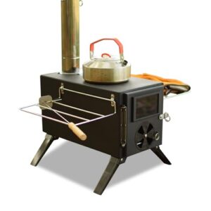Fogão de acampamento portátil a lenha – 7 chaminés dobráveis de aço inoxidável com vidro resistente ao calor, fogão de cozinha ao ar livre para acampamento, caça, pesca no gelo