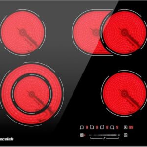 Fogão elétrico de 61 cm, 6600 W, modo ponte de fogão elétrico embutido, 4 queimadores, 9 níveis de potência, função de ponte, trava de segurança para crianças 220-240 V
