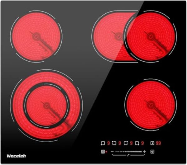 Fogão elétrico de 61 cm, 6600 W, modo ponte de fogão elétrico embutido, 4 queimadores, 9 níveis de potência, função de ponte, trava de segurança para crianças 220-240 V
