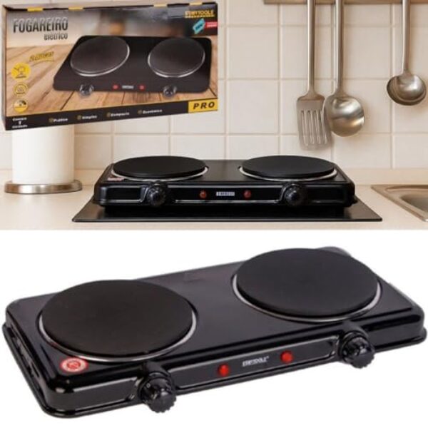 Fogão Elétrico Portátil Fogareiro 2 bocas de Mesa Compacta Apartamento Kitnet Cozinha Gourmet Camping Trailer Viagem 200