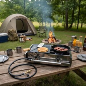 Fogão Fogareiro Alta Pressão 2Bc Inox Com caixa Inox Chapa Aço Carbono Camping Pesca Caminhoneiro