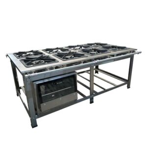 Fogão Industrial de Centro 8 Bocas 4 Duplas Cefaz Linha Gold Baixa Pressão Inox com Forno 100 Litros Tampa de Vidro C-I430-CFZG-167+I430-FRG-22