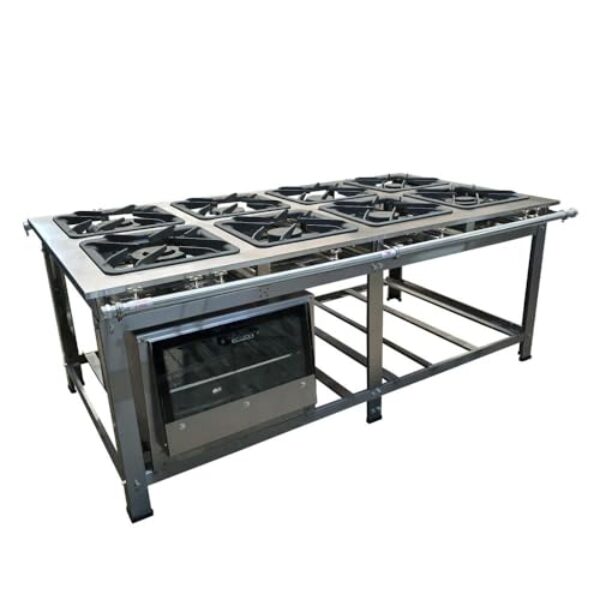 Fogão Industrial de Centro 8 Bocas 4 Duplas Cefaz Linha Gold Baixa Pressão Inox com Forno 100 Litros Tampa de Vidro C-I430-CFZG-167+I430-FRG-22