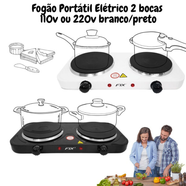 Fogão portátil de mesa elétrico 2 bocas 2.000 watts 110v ou 220v branco ou preto cozinhar alimentos 2 pratos cooktop Ant