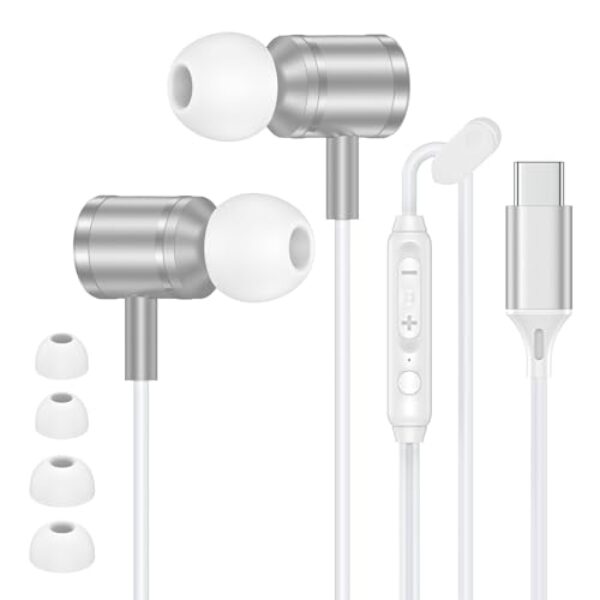 Fones de ouvido com fio tipo C para iPhone 17 Pro Max/17 Pro/17 Air/17/16e/16 Pro Max/16Plus/15, fones de ouvido intra-auriculares com fio USB C Fones de ouvido com microfone para Galaxy S25 FE Ultra