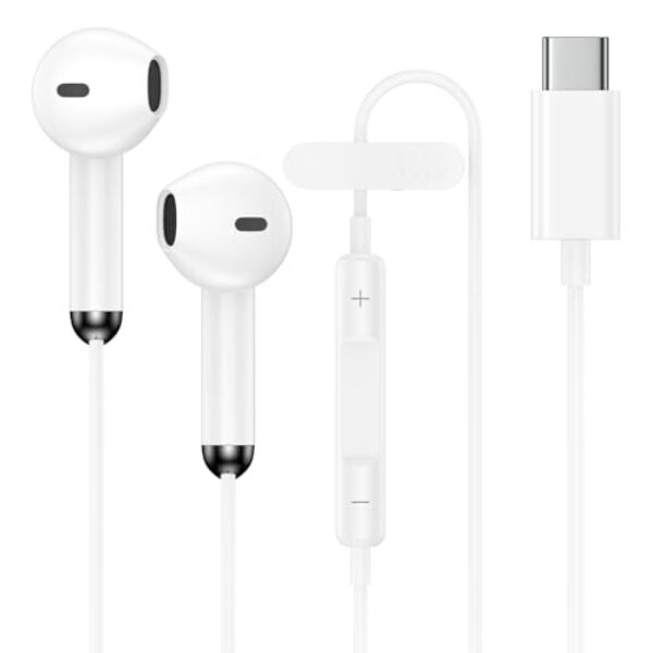 Fones de ouvido tipo C para iPhone 17 Air 16 Pro Max 16e 16 Plus 16Pro 15, fones de ouvido USB C com microfone e controle remoto, cancelamento de ruído, fones de ouvido com fio USB C para Galaxy S25