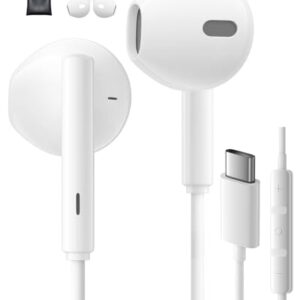 Fones de ouvido USB C com fio para iPhone 15 Pro Max 16 Pro Max 17 Plus Samsung Galaxy S24 S23 S25 Ultra S22 A55 A56 A16 fones de ouvido intra-auriculares com microfone, controle de volume, fones de