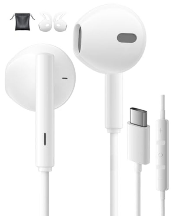 Fones de ouvido USB C com fio para iPhone 15 Pro Max 16 Pro Max 17 Plus Samsung Galaxy S24 S23 S25 Ultra S22 A55 A56 A16 fones de ouvido intra-auriculares com microfone, controle de volume, fones de