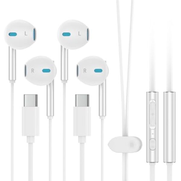 Fones de ouvido USB C com fio para iPhone 16e/16 Pro Max/16 Pro/16 Plus/16/15, Android Type C Hi-Fi, fones de ouvido estéreo com microfone e controle de volume para Samsung Galaxy S25 Edge/S24 FE