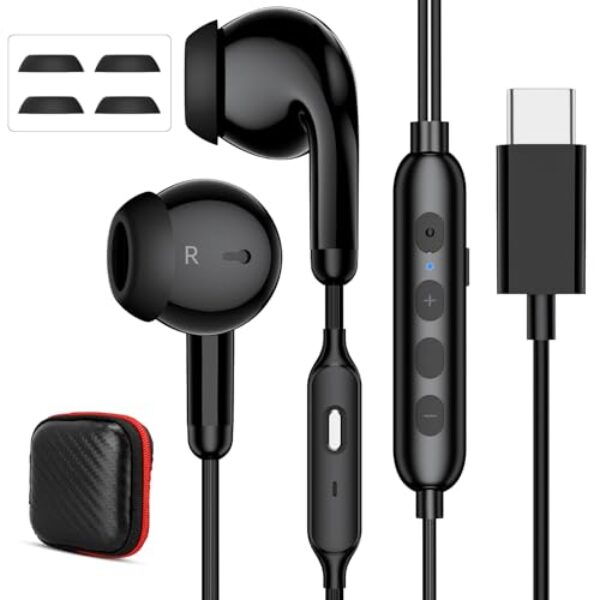 Fones de ouvido USB C com microfone para iPhone 17 Air 16e 16 Pro Max 15 Plus, USB Tipo-C com cancelamento de ruído, controles de volume e função mudo para Samsung S25 S24 Google Oneplus