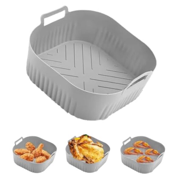 Forma de Silicone para Air Fryer Antiaderente Quadrada 20cm Compatível com Microondas Forno Panela Elétrica Fritadeira [CINZA]