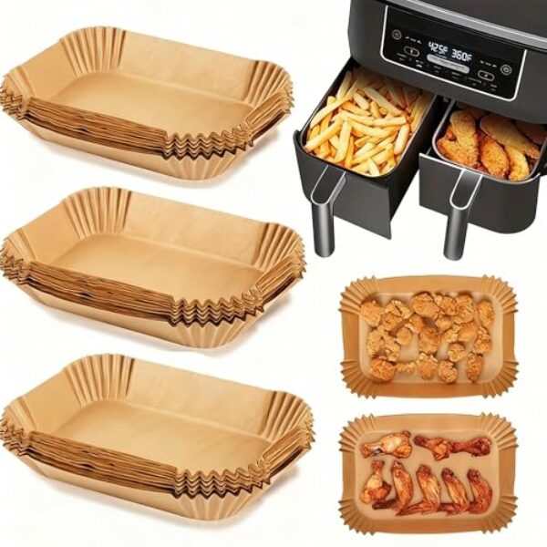 Forro de papel descartável Air Fryer, 100 peças de forros de pergaminho de grau alimentício, acessórios duplos para fritadeira de ar (22 cm - marrom, natural)