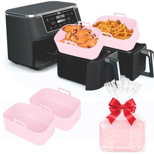 Forros de silicone para fritadeira Ninja – Tigela reutilizável de 8 litros para Foodi DZ201 Airfryer de cesta dupla – Pacote com 2 bandejas retangulares de silicone 2025 atualizadas seguras para