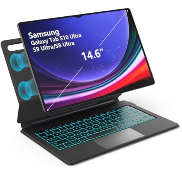 for Samsung Galaxy Tab S10 Ultra/S9 Ultra/S8 Ultra 14.6" Keyboard Case, Magnetic Floating Stand, 3-Level 7-Color Light Backlit Keyboard with Trackpad,Dex Mode, Matte Black