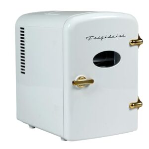 Frigidaire - Mini geladeira pessoal retrô comporta até 9 latas, portátil para carro, escritório, quarto, quarto ou cabine, inclui cabos de 110 V CA e 12 V CC, ouro branco
