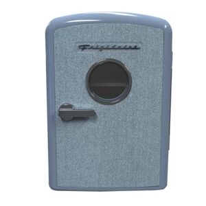 Frigidaire Mini refrigerador de geladeira pessoal, capacidade para 9 latas, inclui plugues para tomada doméstica e carregador CC - 25 cm P x 18 cm L x 26 cm A, porta de tecido jeans lavado à luz