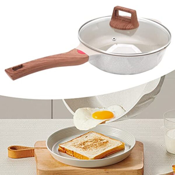 Frigideira antiaderente, frigideira de omelete de ovo com alça de cozimento de grão de madeira, frigideira durável para todos os fogões, panela de indução branca (tamanho: 28 cm)