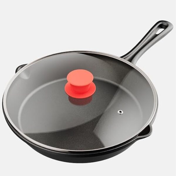 Frigideira Bakken de ferro fundido pré-temperada com tampa de vidro e alça de silicone, frigideira de 48 cm para fogão, forno, grelha e indução, distribuição uniforme de calor, panelas versáteis para