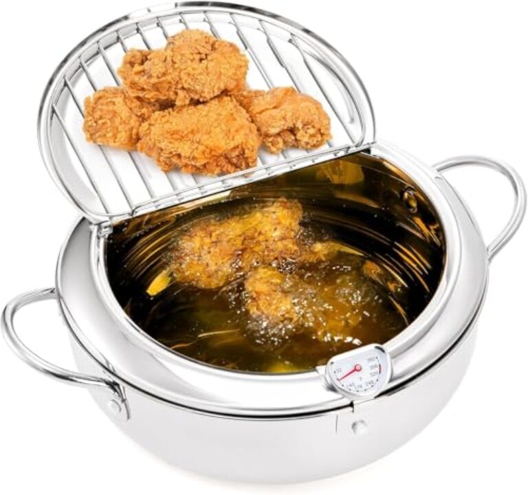 Fritadeira Oleo, Fritadeira Japonesa em Aço Inox, 20cm, 2.2L, Com Tampa e Termômetro, Escorredor de Óleo, Panela Tempura Profunda com Termômetro E Tampa