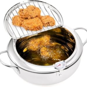 Fritadeira Oleo, Fritadeira Japonesa em Aço Inox, 20cm, 2.2L, Com Tampa e Termômetro, Escorredor de Óleo, Panela Tempura Profunda com Termômetro E Tampa