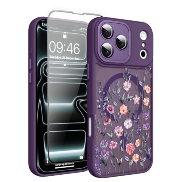 Fsoole Capa magnética para iPhone 17 Pro Max com protetor de tela [compatível com MagSafe], design floral bonito, capa fina à prova de choque para mulheres e meninas, roxo escuro