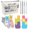 Fullhawl 16 peças de presentes de Natal para gatos, 1 bolsa de maquiagem para gatos, 5 meias femininas de animal, 4 canetas de tinta preta, 180 folhas de notas adesivas, presente de aniversário de