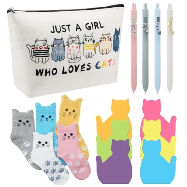 Fullhawl 16 peças de presentes de Natal para gatos, 1 bolsa de maquiagem para gatos, 5 meias femininas de animal, 4 canetas de tinta preta, 180 folhas de notas adesivas, presente de aniversário de
