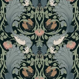 FunStick Papel de parede floral William Morris azul escuro verde escuro 44,5 cm x 899 cm folhas antigas pássaros flores rosa papel de parede para banheiro Ktichen impermeável removível papel de