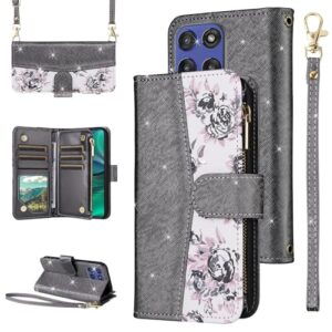 Furiet Capa carteira floral para Motorola Moto G Stylus 5G 2025 e alça de pulso/ombro, suporte de cartão de couro PU com glitter de luxo acessórios capa de celular para mulheres G5 preta