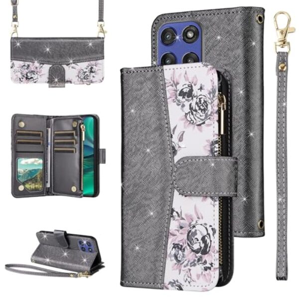 Furiet Capa carteira floral para Motorola Moto G Stylus 5G 2025 e alça de pulso/ombro, suporte de cartão de couro PU com glitter de luxo acessórios capa de celular para mulheres G5 preta