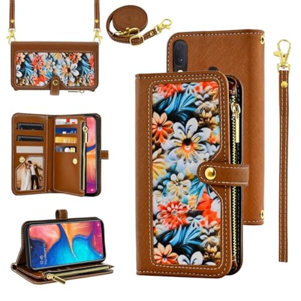 Furiet Capa carteira floral para Samsung Galaxy A20 A30 com alça de pulso alça de ombro flip bolsa com zíper, capa de telefone de couro PU de luxo com suporte para cartão de identificação de crédito