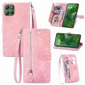 Furiet Capa carteira para Motorola Moto G Stylus 5G 2025 com cordão de pulso, estampa de flor, bolso de couro, flip para cartão, suporte, acessórios de celular, capa de celular para mulheres G5, rosa